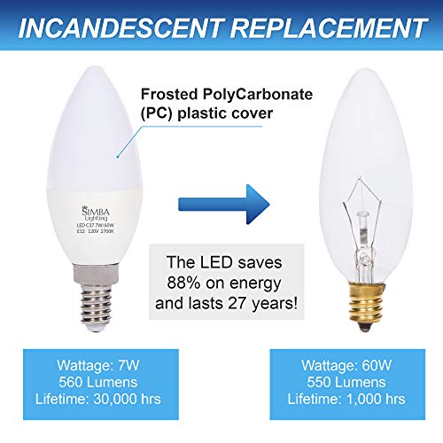 Simba Lighting LED Candelabra Light Bulbs B11 (C37) Candle Shape E12 Base (6 Pack) | Decorative 7W 60W Replacement 110V, 120V for Chandelier, Ceiling Fan, PC Cover, Non-Dimmable, Warm White 2700K
