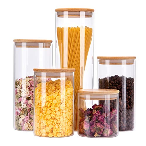 Glass Food Storage Jars Containers with Airtight Bamboo Lids Set of 5 Glass Kitchen Canister Set For spaghetti, Coffee, Flour, Tea, Sugar, Candy, Cookie, Spice and More