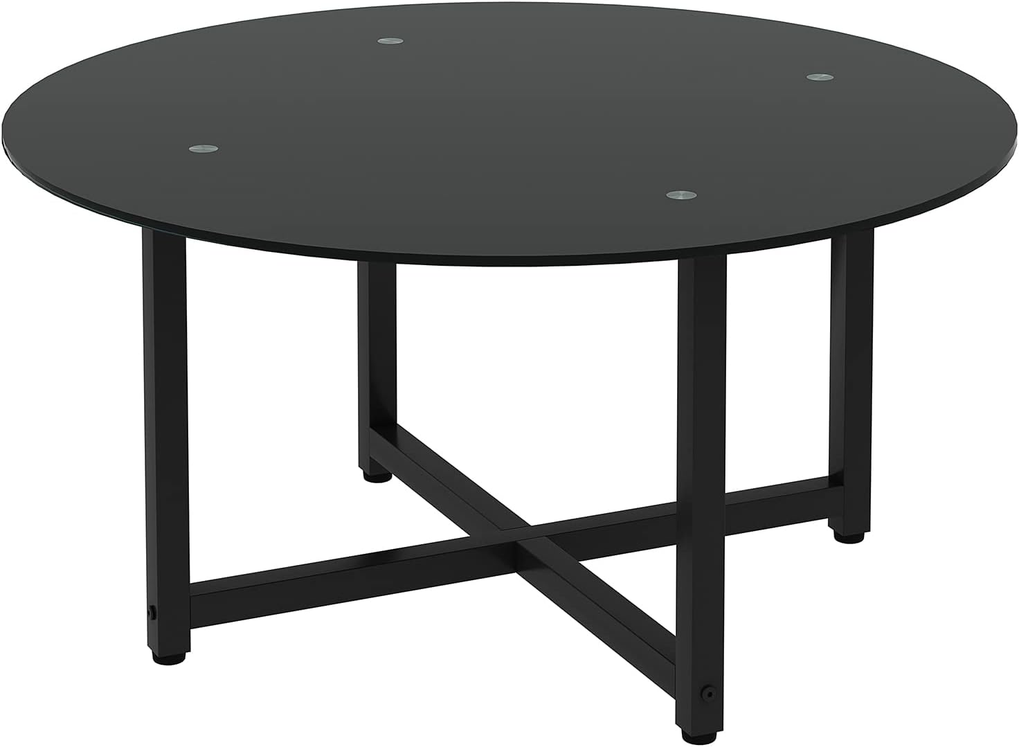 Round Glass Coffee Table, Modern Side Center Tables for Living Room with Metal Legs (Black)