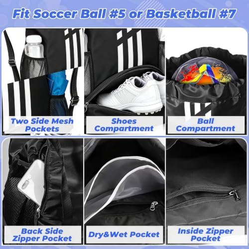 Image of Soccer Bag, Youth Drawstring Backpack for Volleyball Basketball Sports | with 1 Shoes Compartment 1 Wet&Dry Pocket 2 Side Mesh Pockets 2 Zipper Pockets Bag for Gym Training Swimming Back to School