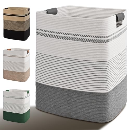Image of Laundry Hamper, 85L Tall Laundry Basket with Leather Handles, Rectangle Large Clothes Hamper for Organizing, Cotton Woven Laundry Baskets Storage Hampers for Bedroom, Nursery, Living Room
