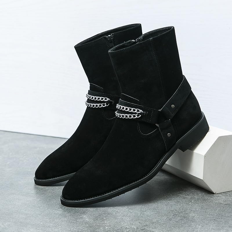 Santimon Men's Biker Punk Boots Belt Buckle Chain Strap Suede Dress Casual Boots with Side Zipper2