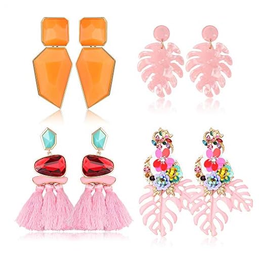 Kakonia pares de pendientes llamativos para mujer, pendientes de hoja de palma acrílica, pendientes de aleación colgantes de flores bohemias, pendientes de borla, conjunto de joyería Rosado Estilo-A