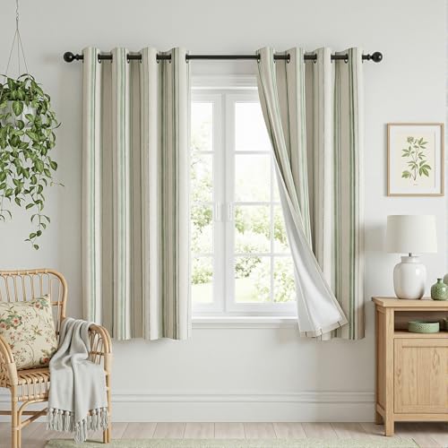 Image of MYSKY HOME Green Striped Curtains 63 Inches Long for Bedroom 100% Blackout Ticking Stripe Pinstripe Patterned Linen Double Layer Curtains Farmhouse Drapes, Grommet, 2 Panels, 52 inch Wide