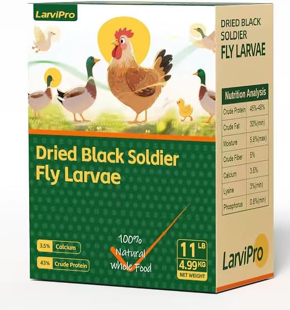 Dried Black Soldier Fly Larvae for Chickens, High-Calcium & High-Protein Poultry Treat, Non-GMO BSF Larvae for Laying Hens, Ducks & Wild Birds (11Pound)