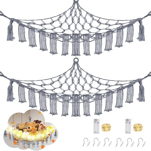 Image of CERETIA Stuffed Animal Hammock with LED Light, Large Stuffed Animals Storage Corner Plushie Net for Kids Room Decor, 2 Packs Grey