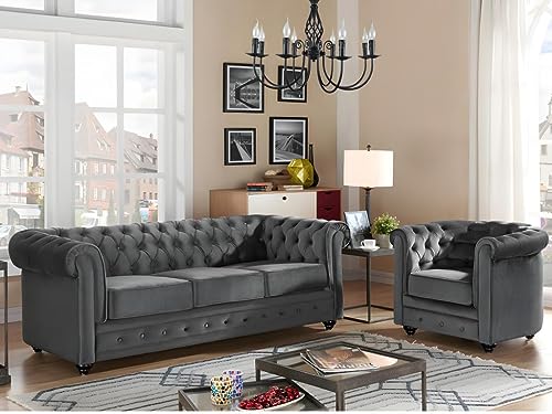 Vente-unique - Canapé 3 Places et Fauteuil Chesterfield - Velours Anthracite