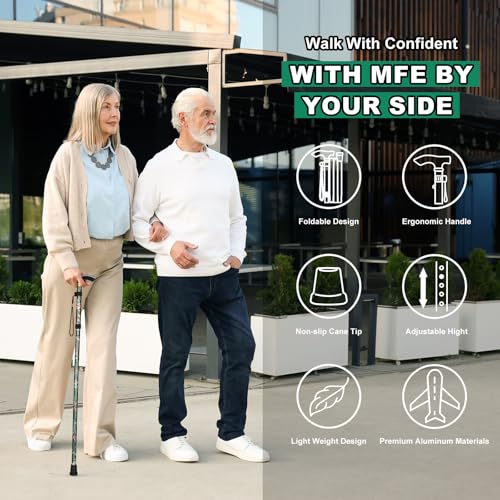 Image of MFE Folding Cane, Portable 5-Level Adjustable Height Walking Stick with Foldable Design, Wrist Strap, and T Handle for Men and Women (Green Floral)