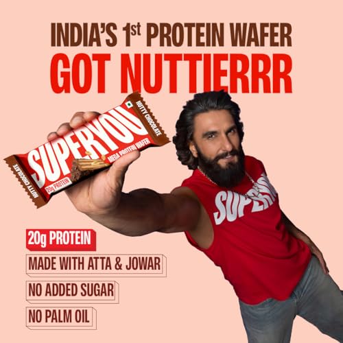 Image of Superyou Nutty Chocolate Mega Protein Wafer Bar (Pack of 6) 20G Protein, 4.8g Fibre, No Added Sugar | Yeast Fermented |Energy Bars|Crunchy Wafer Bar|100% Vegetarian|No Palm Oil | 360g