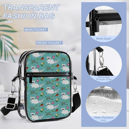 Raccoons And Birds Clear Crossbody Bag Stadium Bag Adjustable Side Shoulder Bags Messenger Bag with 2 Compartments4
