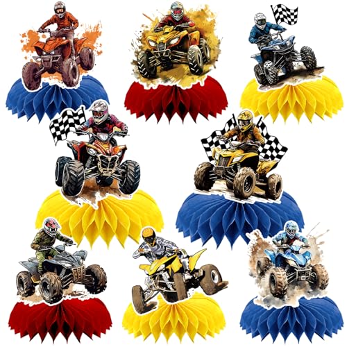 8 Pcs Four Wheeler ATV Quad Bike Party Decoration, Quad Dirt Bike Theme Honeycomb Centerpieces 3D...