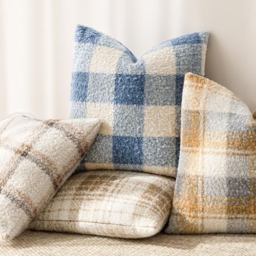 Image of Foindtower Pack of 2 Soft Faux Fur Boucle Throw Decorative Pillow Covers Fuzzy Accent Check Cushion Sherpa Boho Farmhouse Pillowcase for Couch Sofa Bed Living Room Home Decor 20x20 Inch,Dusty Blue