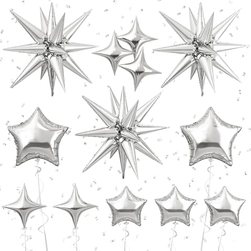 Image of Star Balloons New Years Balloons 22 Inch Metallic Silver Explosion Stars Foil Balloon 18 10 In Chrome Star Shaped Helium Balloon for Happy New Year Eve Baby Shower Wedding Birthday Party Decor