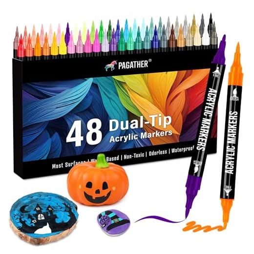 Pagather 48 Colors Acrylic Paint Markers, Dual Tip with Fine Tip and Brush Tip Pens for Stone, Wood, Calligraphy, Canvas, Ceramic, Metal, Glass, Rock Painting, DIY Crafts