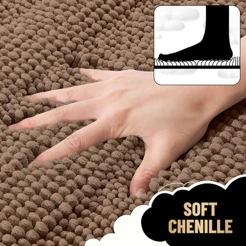 Image of OLANLY Thick Bathroom Runner Rugs 44x24, Extra Absorbent Chenille Striped Bath Rugs, Rubber Backing, Machine Wash Dry, Long Bath Mats for Bathroom Floor, Tub and Shower, Home Decor Accessories, Mocha