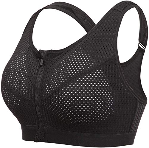 Mesh Zip Front Sports Bras Wirefree Post Surgery Bras High Support Padded Running Workout Yoga Bras for Women High Impact Racerback Bras Adjustable Straps Plus Size for Large Breast (59 Black, M)