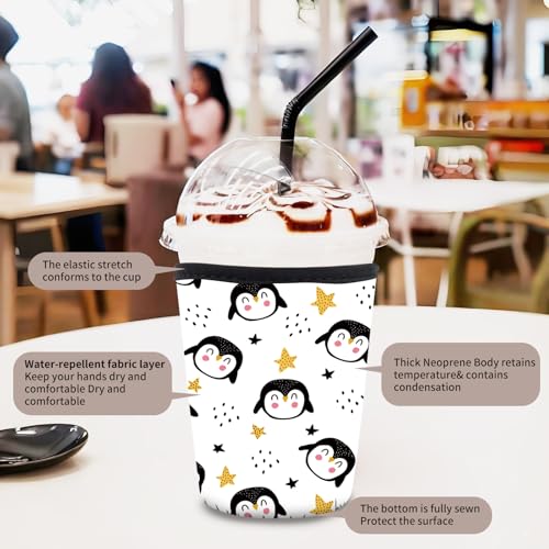 Image of 3 Pack Reusable Neoprene Insulator Sleeve for Iced Coffee Cups, Funny Coffee Cup Sleeves for 16-32oz Coffee cups, Cute Drink Sleeve for Cold Hot Beverages Cute Penguin