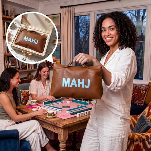 Bolsa de cuero para fichas Mahjong con cierre y asa, marrón miniatura 5