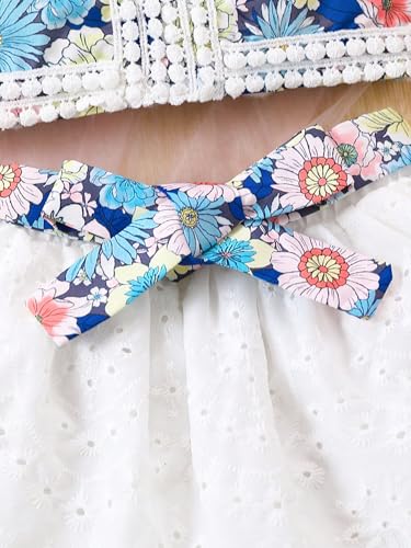 Image of TAGAS Girls Girls Floral Crop Top and White Lace Skirt Set - Summer Sleeveless 2-Piece Outfit with Bow Belt - Casual Party Dress for Kids