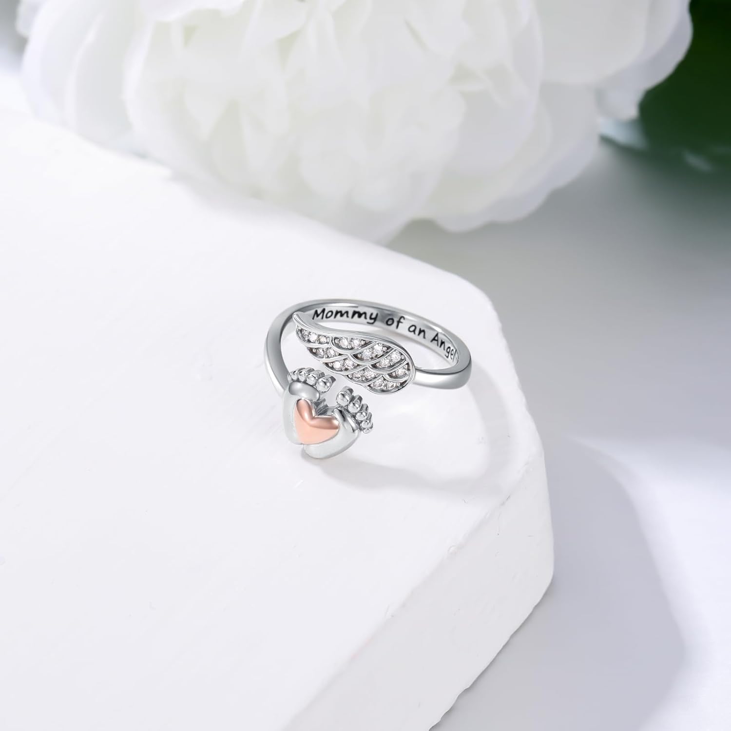 Miscarriage Gift for Mother 925 Sterling Silver Angel Rings Mommy of An Angel Memorial Sympathy Jewelry for Women Baby’s Footprints wing Rings