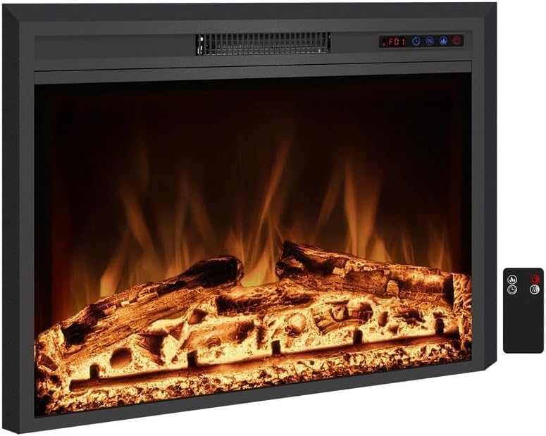 Фронт view of the electric fireplace insert with the remote control placed next to it.