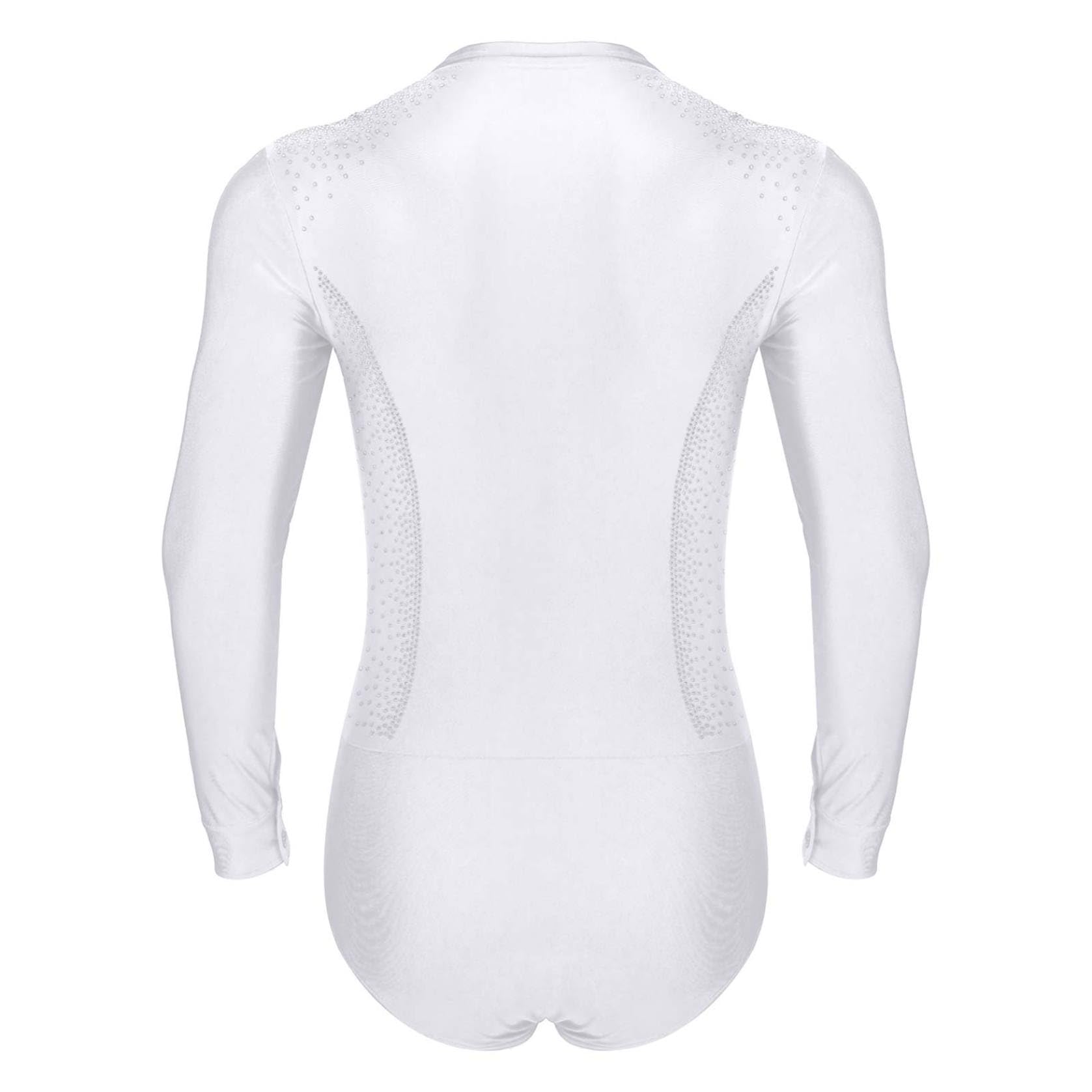 Body de manga larga para hombre, con cuello en V, estrás, para gimnasia, samba latina, disfraz de danza