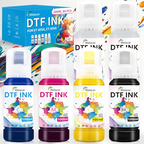 Welacer Upgraded Auto-Fill DTF Ink for ET-8550, ET-8500, 100mlx6 Heat Transfer Ink Conversion Kit, High Density Pigment Ink - Compatible with All DTF Films&Printers(Anti-UV, ICC-Free)