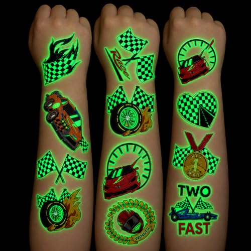 Image of 96 PCS Checkered Flag Pre-Cut Luminous Glow in the dark Temporary Tattoos | Super Cute Themed Birthday Party Favors, Supplies, Decorations, Race Car Fake Tattoo Stickers Gifts for Boys Girls