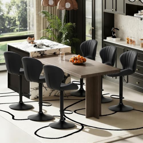 Image of COLAMY Bar Stools Set of 6,Swivel Adjustable Height Leather Bar Chair,Black