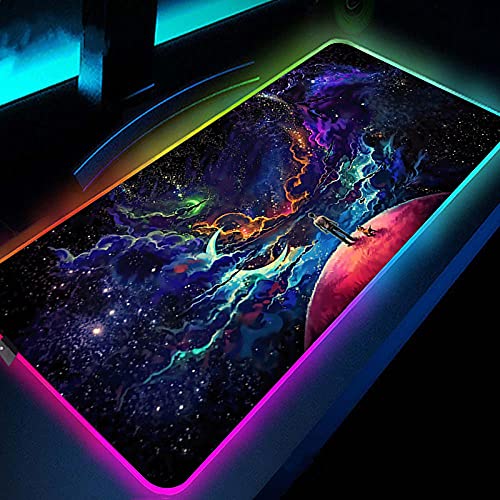 Gaming Mouse Pads Man and Dog Fantasy Planet RGB Gaming Mouse Pad Colorful LED Luminous Mouse Mat Desktops Notebook Desk Pad for Computer Gamer-Blue Universe Landscape-31.5x11.8 inches