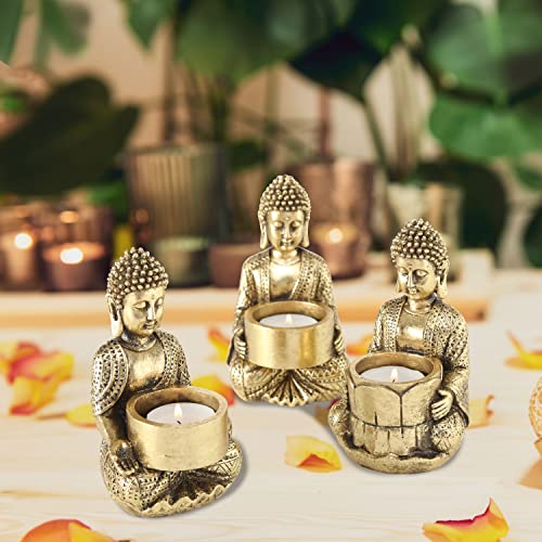 Whw Whole House Worlds Baby Buddha Tea Light Holders, Set Of 3, Gold, Hand Rubbed Artisan Gilt Finish, Black Patina, Cast Poly Resin, 5 1/2 Inches Tall #TOP6