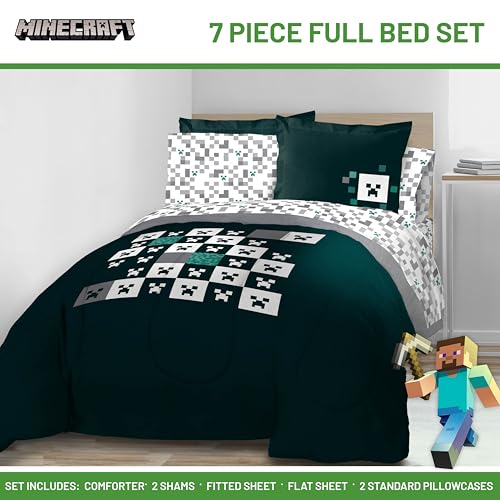 Image of Minecraft Creeper Full Comforter Set 7 Piece Video Game Bedding, Green | Zombie Enderman, Comforter Sheets Shams Pillowcases, Official Product, Soft Microfiber, Machine Washable, Kids Gift