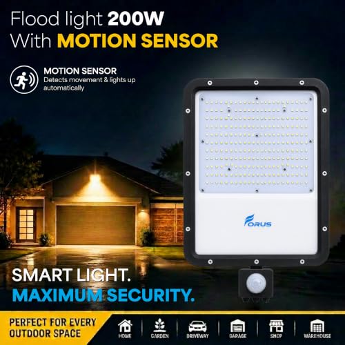 Image of Forus 200W LED Flood Light Amber with Motion Sensor Auto On Off Day Night Mode Waterproof Outdoor Security Light for Garden Parking Garage Factory Backyard Shop High Bright Floodlight 4Yr Warranty-1Pc