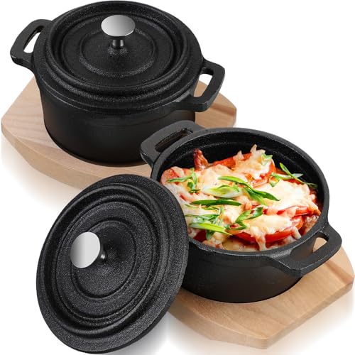 Suttmin 2 juegos de ollas holandesas con tapa y base de madera, cacerola de hierro fundido presazonada, mini olla redonda de hierro fundido con asa, cacerola resistente para horno de parrilla, color