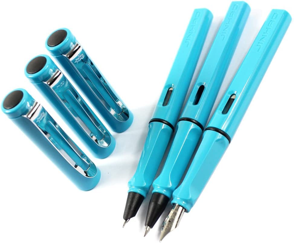 Stifte, Gelschreiber, Kugelschreiber, 3 Stück Kunststoffstifte, 1 Stück Füllfederhalter, 1 Stück feine Feder und 1 Stück Tintenroller mit Stiftbox – Gelb (Farbe: Himmelblau)