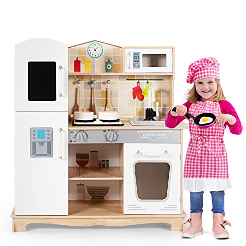 GOPLUS Kinderküche aus Holz, Küche für Kinder, Spielküche mit Holz Zubehör&Spüle&Backofen&Kochfeld&Kühlschrank…