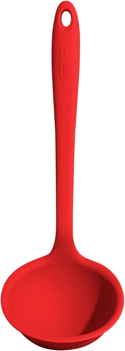 Get It Right Silicone Pasta Spoon & Ladle - 3/4-Cup Capacity - Red - Heat-Resistant to 425°F - Measurement Markings in Cups & mL - No-Drip Edge - Dishwasher-Ready