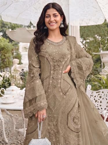 Image of RUDRAPRAYAG Women's Georgette Fabric Wih Embroidered Sequence Work And On Neck Moti Hand Work Semi Stitched Sharara Salwar Suit With Dupatta Set
