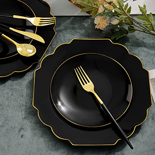 Supernal 150Pcs Gold Plastic Dinnerware Set, Halloween Black Plastic Plates,Gold Plastic Silverware,Black And Gold Cutlery,Include 30 Dinner Plates,30 Dessert Plates,30 Forks,30 Knives,30 Spoons #TOP5