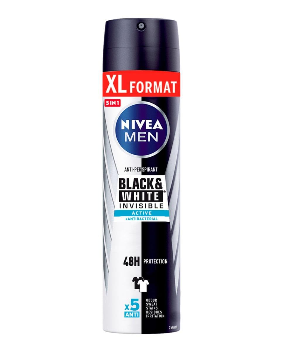 Nivea Men - Desodorante en spray Nivea Men Black & White Invisible Active + Antibacterial 250 ml XL Format Antitranspirante