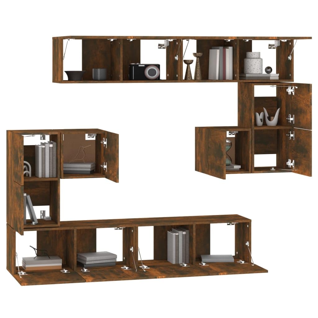 Mobile TV da parete in legno di rovere affumicato, mobile pensile decorativo per TV, con molto spazio per chiavi e blocchi appunti, superficie facile da pulire