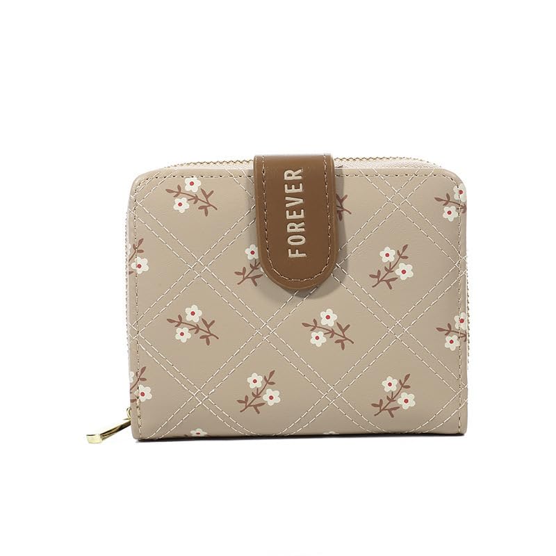 Cute Kawaii Floral Accordion Summer Small Wallet for Women – Fresh Japanese Style Purse Large Capacity Fresh Japanese Style Purse with ID Window, Cash Slot & Card Holder (03_Tan)