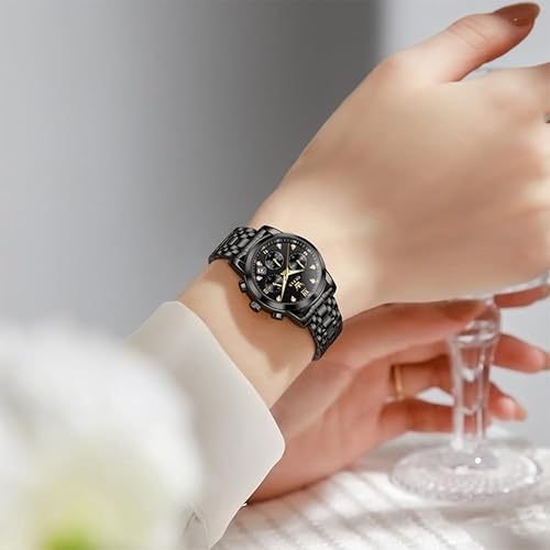 Miniatura 8 de OLEVS Reloj multifuncional de dos tonos para mujer, reloj analógico de cuarzo para mujer, de acero inoxidable, resistente al agua, con diamantes