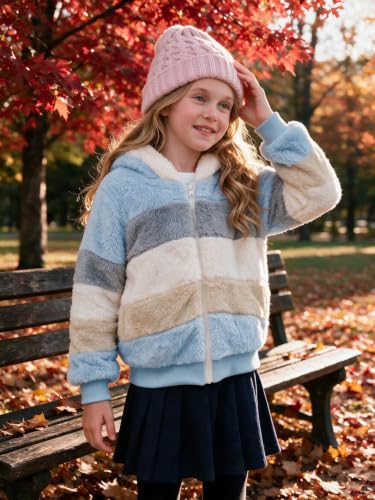 Image of Girls Fleece Jackets Kids Sherpa Fuzzy Zip up Hoodie Fall Winter Contrast color Pullover Sweatshirt 4-12 Years