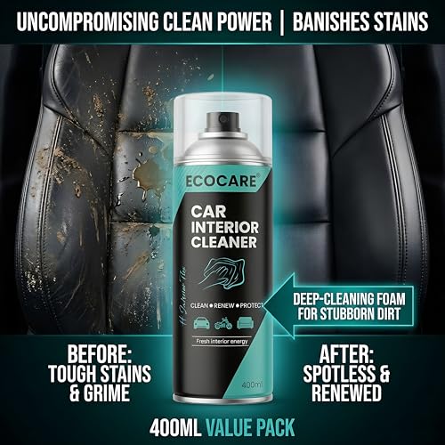 Image of EcoCare Car Interior Cleaner Polish | Multipurpose Foam Cleaning Spray with Microfiber Cloth for Leather Seats, Dashboard, Mats, Roof Liners | Removes Tough Stains & Dirt | Protects All Surfaces 400ML