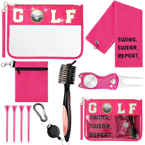 Croknit 9 Pcs Preppy Golf Accessories Kit For Women, Cute Pink Golf Gifts For Ladies Includes Towel Tees Ball Cleaner Brush Divot Tool Chenille Patch Pouch For Mothers Day Retirement Gift(Rose Red)