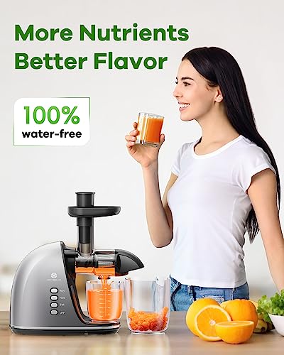 JoyBear Cold Press Juicer Machine: Easy to Clean Slow Masticating Extractor for Veggies and Fruits, 92% Juice Yield High Nutrient and Vitamin, Quiet Motor & Reverse Function with Brush, Silver