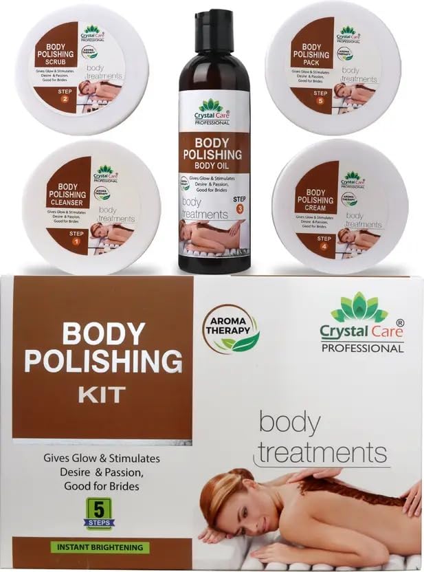 Crystal Care Professional Polishing Kit (5-Step* 250ml Each) – Cleanser, Scrub, Gel, Cream & 300ml bodyPack | Brightening & Exfoliation | Deep Nourishment & Hydration | Removes Dead Skin & Tan | Spa-Quality Skincare at Home