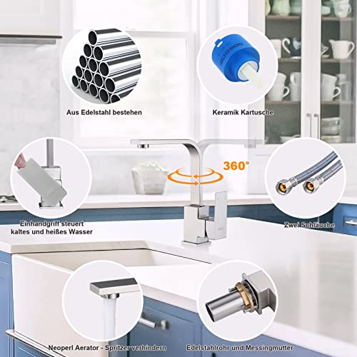 iVIGA Kitchen Tap, High Pressure Kitchen Tap, 360° Swivelling Sink Mixer Tap Made of Stainless Steel, L Shape - Image 3
