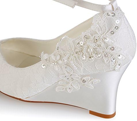 Emily Bridal 440-8-2 Women's Wedding Shoes Peep Toe 3.15 Inches Wedge Heel Satin Pumps with Imitation Pearl Ribbon Tie Sequin Lace Flower Bridal Shoes (EU41/9.5 B(M) US, Ivory) | Image 5